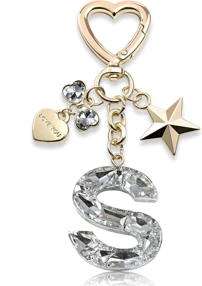 Cute Bling Keychain initial Letter Butterfly Star Pink Purple Gift for Women Girls Bag Cup Charms Accessories