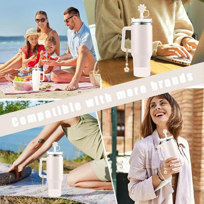 Accessories for Stanley Cup Set of 9, 2 Straw and Brush and 1 Flower Charm Chain 3 Spill Proof Stopper Flowers Straw Cover Boot