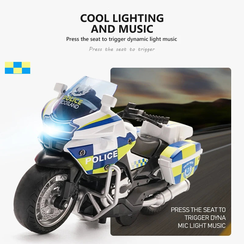 1/14 Car Model Alloy Pull Back Motorcycle Men's Locomotive Police Car with Light and Music Simulation Vehicles Children's Toys