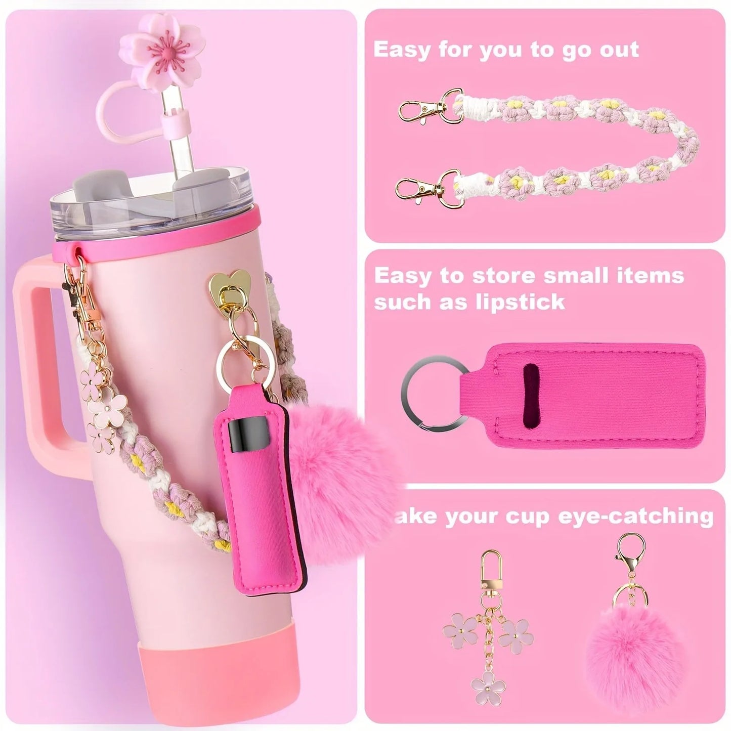 8PCS Cup Accessories, Set includes Water Bottle Handle Strap, Siliocne Boots, Lipstick Sleeve Pouch Straw Cap Cover for Stanley