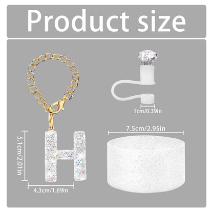 3Pcs Accessories Set for Stanley Cup, Including Diamond Straw Topper/Sparkly Silicone Boot Set（White）