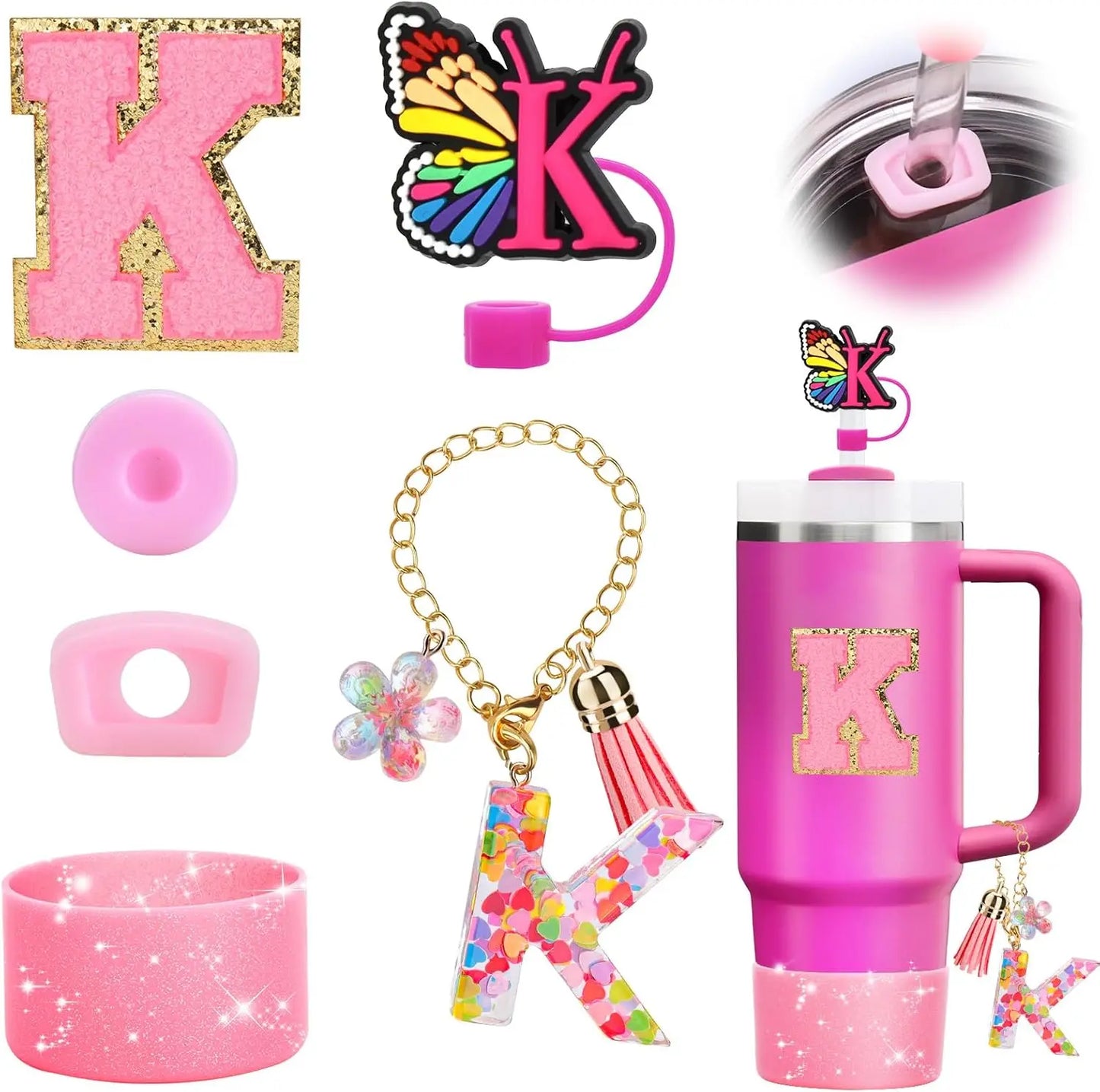 7PCS Cup Accessories Set for Stanley 30oz 40oz Tumbler Initials Silicone Straw Cover Cap Boot Letter Handle Charm Sticker
