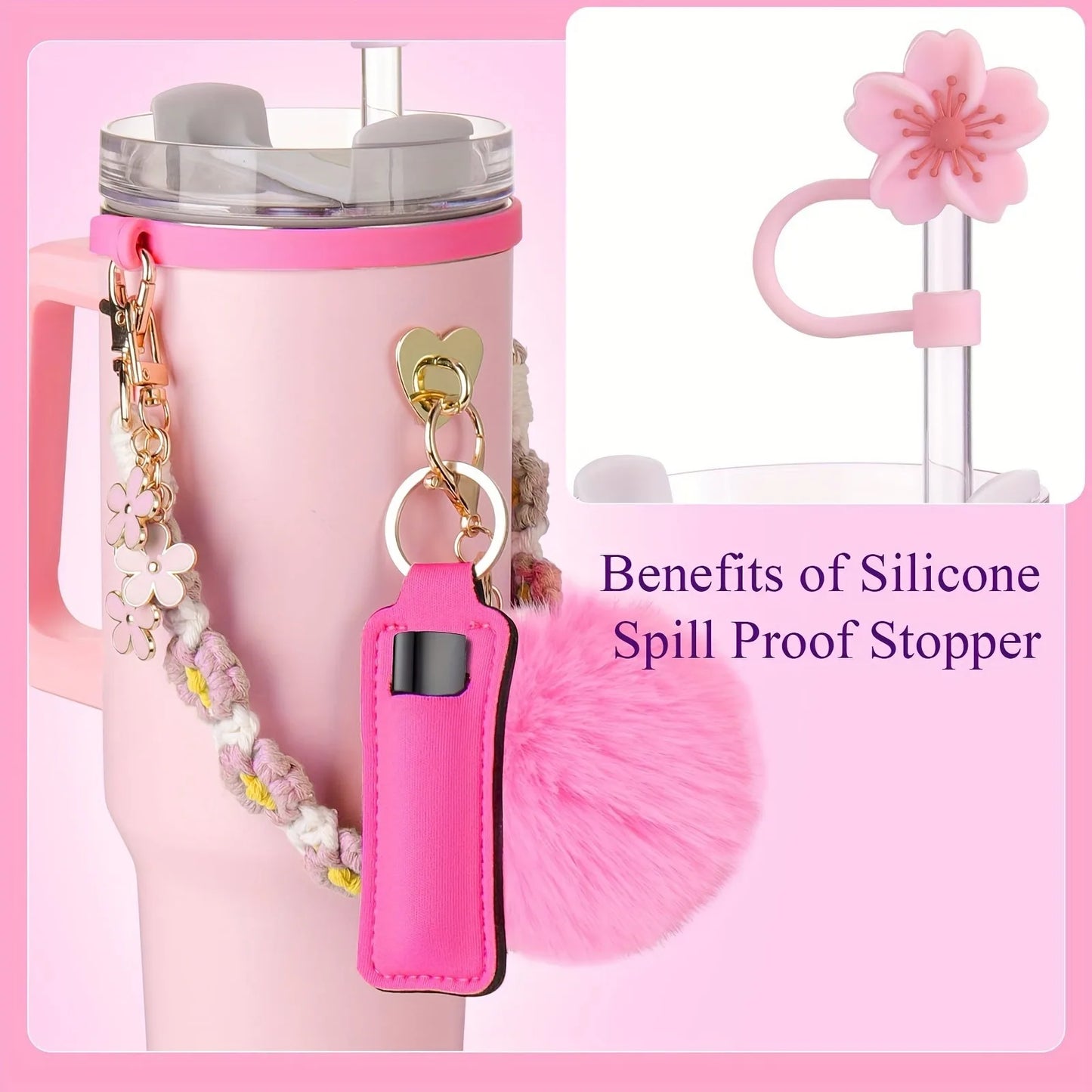 8PCS Cup Accessories, Set includes Water Bottle Handle Strap, Siliocne Boots, Lipstick Sleeve Pouch Straw Cap Cover for Stanley