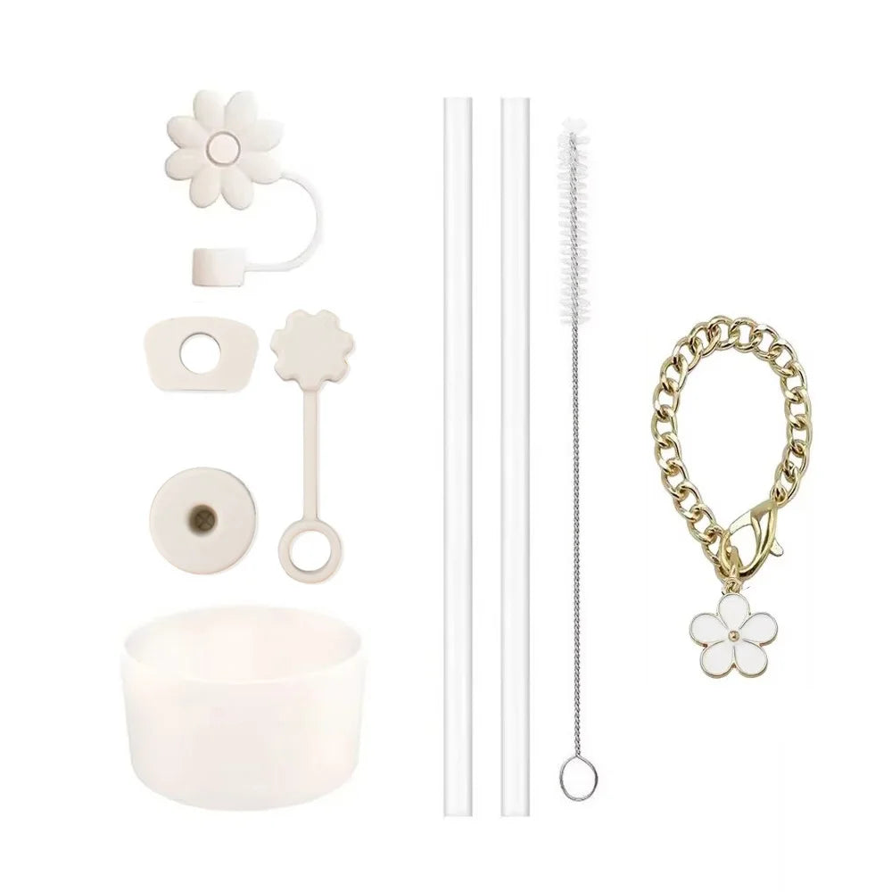 9pcs Cup Accessories for Stanley Set, 3 Spill Proof Stopper 2 Straws and Brush and 1 Flower Charm Chain Flowers Straw Cover Boot