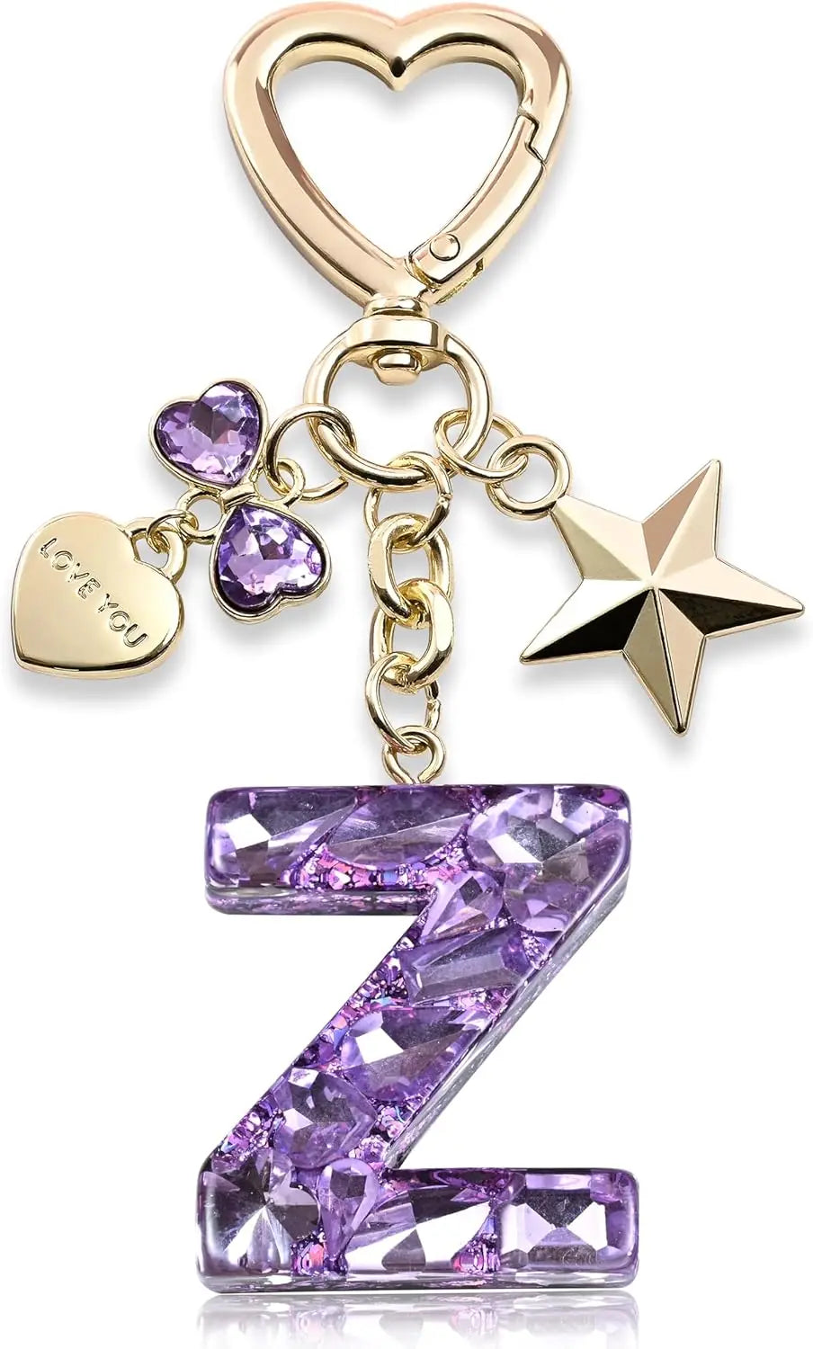 Cute Bling Keychain initial Letter Butterfly Star Pink Purple Gift for Women Girls Bag Cup Charms Accessories