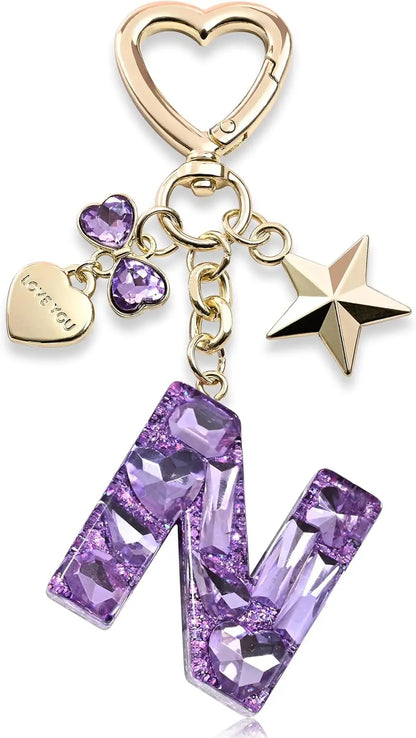 Cute Bling Keychain initial Letter Butterfly Star Pink Purple Gift for Women Girls Bag Cup Charms Accessories
