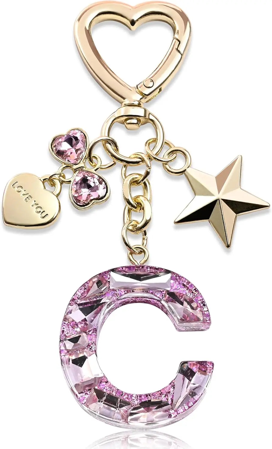 Cute Bling Keychain initial Letter Butterfly Star Pink Purple Gift for Women Girls Bag Cup Charms Accessories