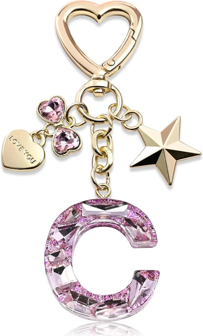 Cute Bling Keychain initial Letter Butterfly Star Pink Purple Gift for Women Girls Bag Cup Charms Accessories