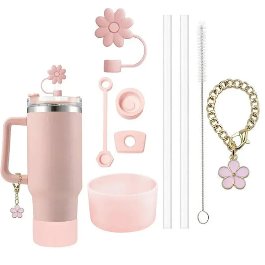 9pcs Accessories for Stanley Tumbler Cup Spill Proof Stopper 10mm Straw Cover Cap Silicone Boot Charm Chain Straw Brush
