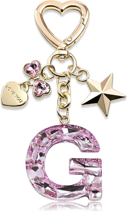 Cute Bling Keychain initial Letter Butterfly Star Pink Purple Gift for Women Girls Bag Cup Charms Accessories