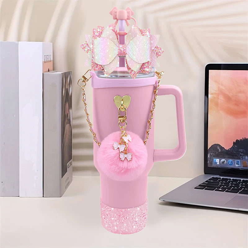 Bling Stanley Cup Accessories For 40oz & 30oz Tumbler Including Silicone Cute Bow Straw Topper Cover, Silicone Stanley Cup Boot