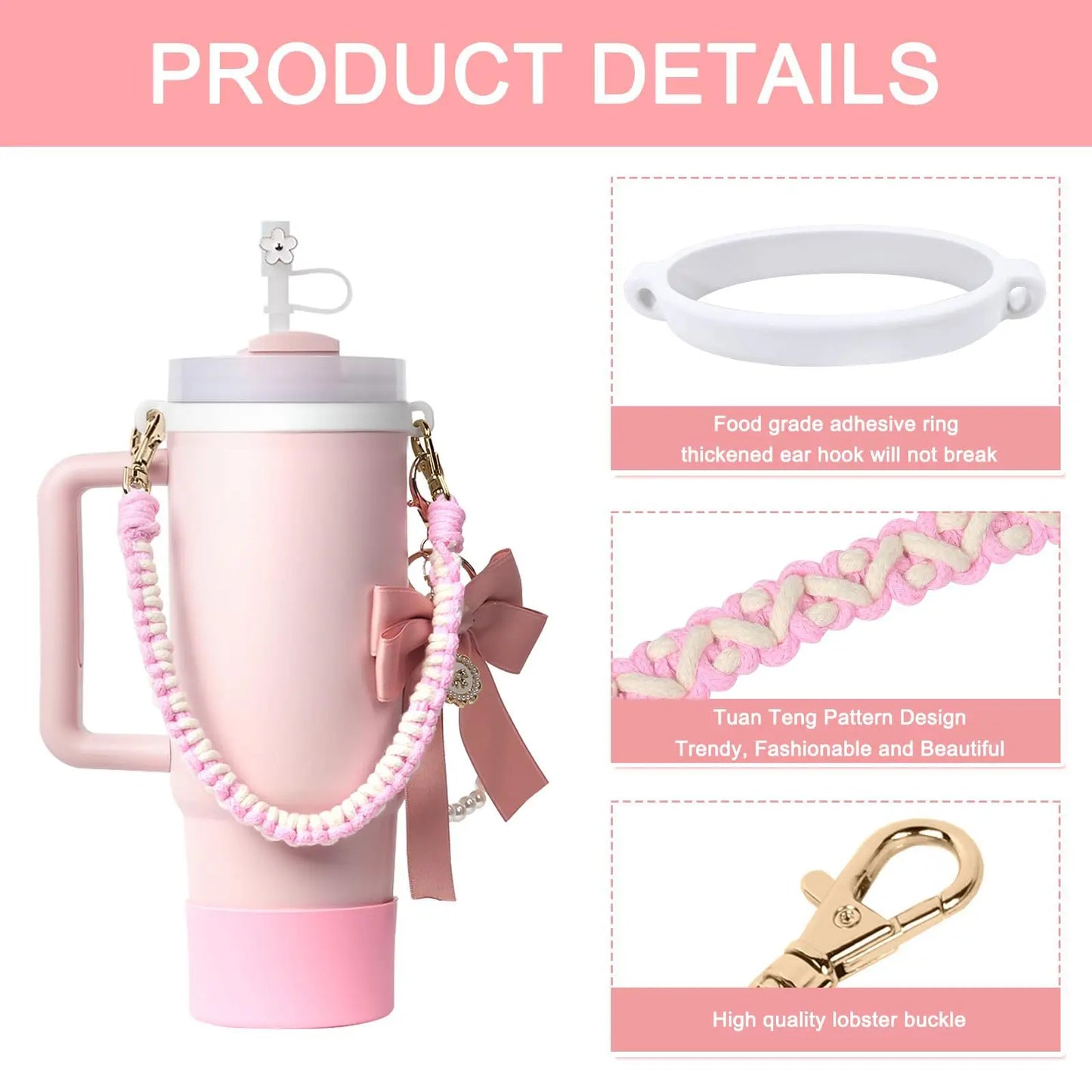 4Pcs for Stanley Cup Accessory Set Includes 1 Water Bottle Handle Strap 1 Cup Cover 1 Straw Cover 1 Charms Silicone Decoration