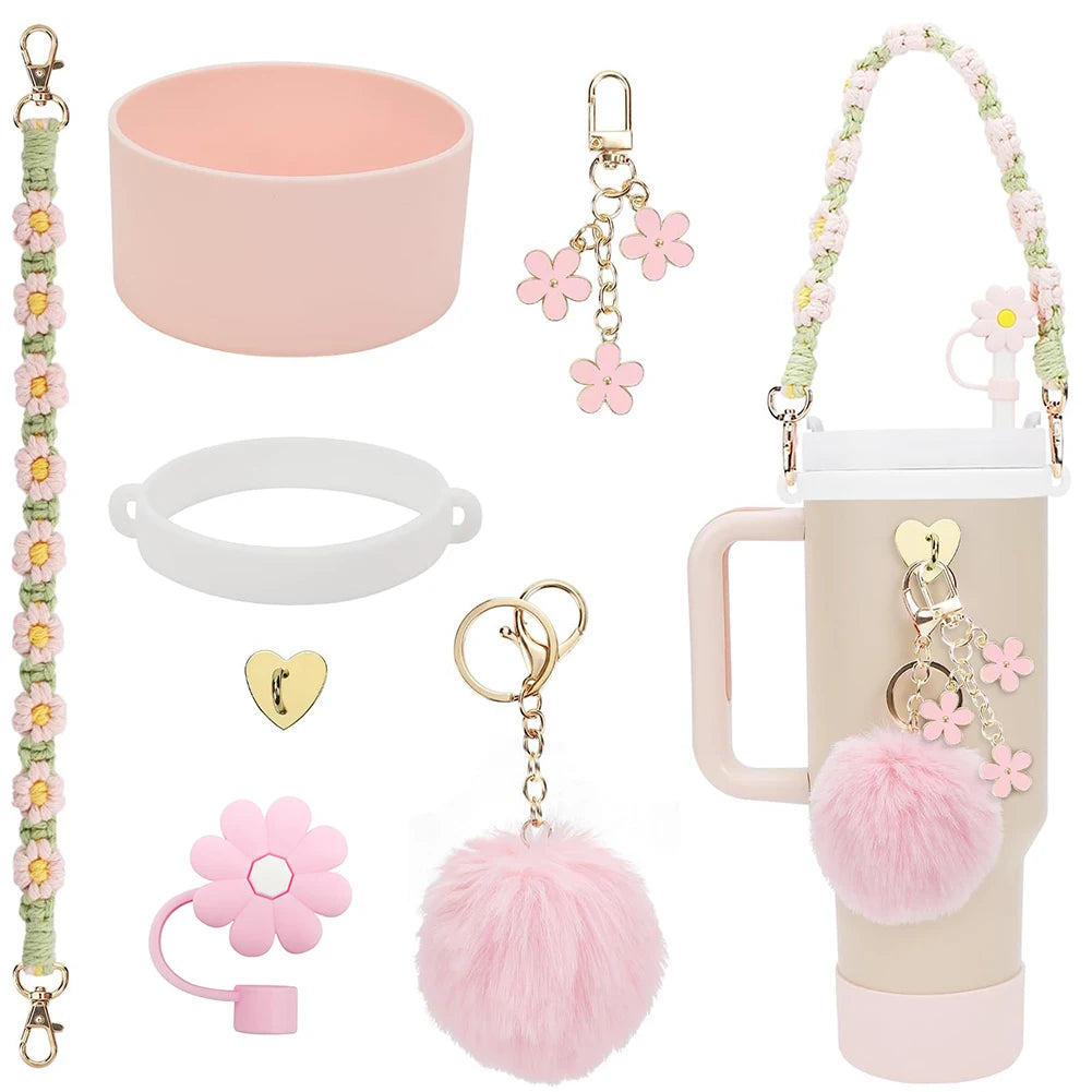7Pcs/Set Siliocne Water Bottle Boot Straw Lid Handle Strap Keychain Mini Hook for Stanley 40oz Tumbler Accessories Set