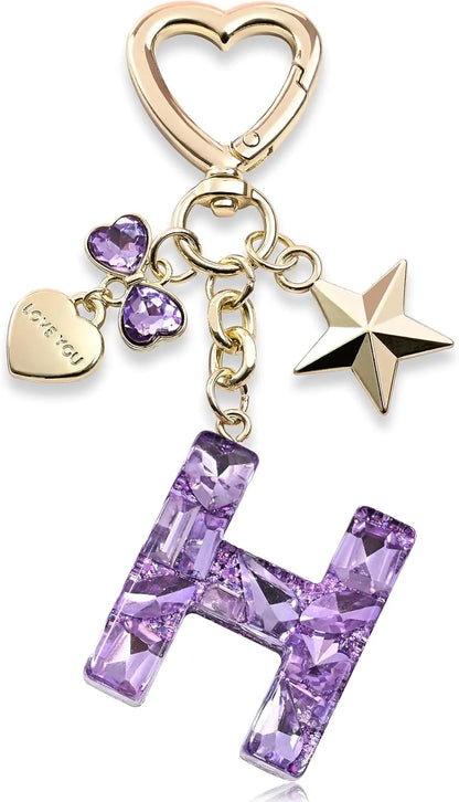 Cute Bling Keychain initial Letter Butterfly Star Pink Purple Gift for Women Girls Bag Cup Charms Accessories