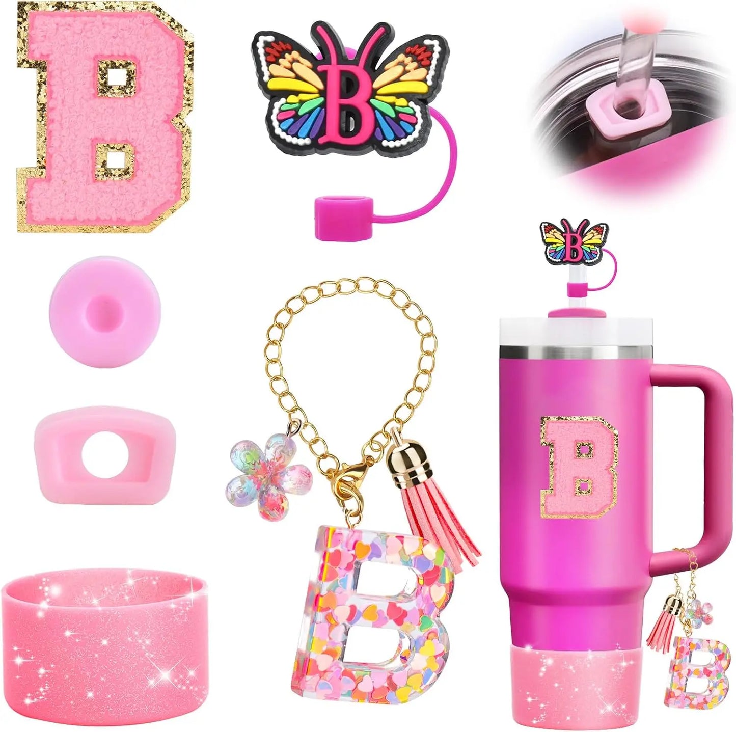 7PCS Cup Accessories Set for Stanley 30oz 40oz Tumbler Initials Silicone Straw Cover Cap Boot Letter Handle Charm Sticker
