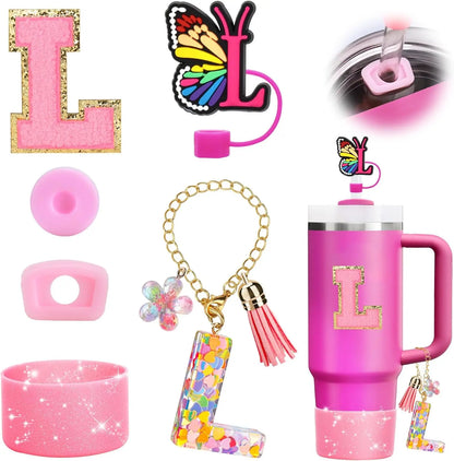 7PCS Cup Accessories Set for Stanley 30oz 40oz Tumbler Initials Silicone Straw Cover Cap Boot Letter Handle Charm Sticker