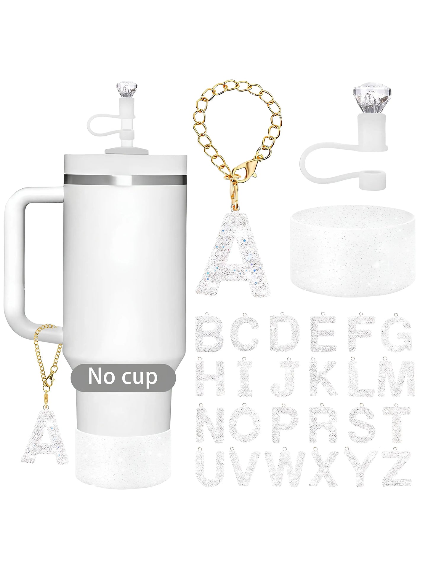 3Pcs Accessories Set for Stanley Cup, Including Diamond Straw Topper/Sparkly Silicone Boot Set（White）