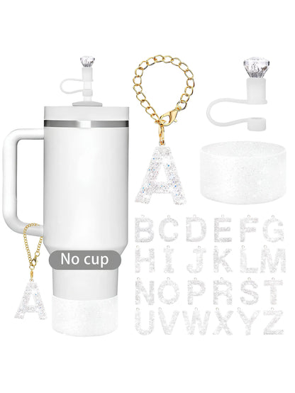 3Pcs Accessories Set for Stanley Cup, Including Diamond Straw Topper/Sparkly Silicone Boot Set（White）