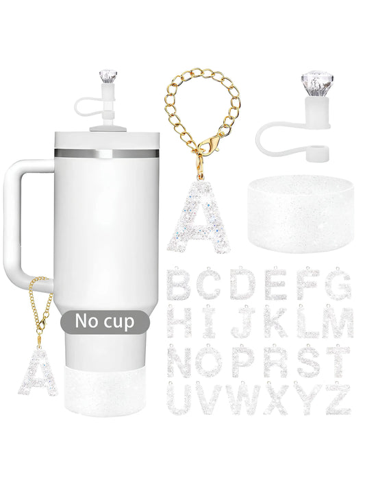 3Pcs Accessories Set for Stanley Cup, Including Diamond Straw Topper/Sparkly Silicone Boot Set（White）