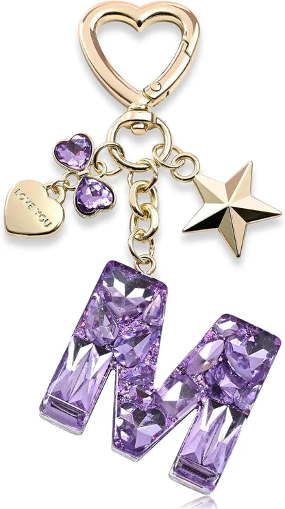 Cute Bling Keychain initial Letter Butterfly Star Pink Purple Gift for Women Girls Bag Cup Charms Accessories