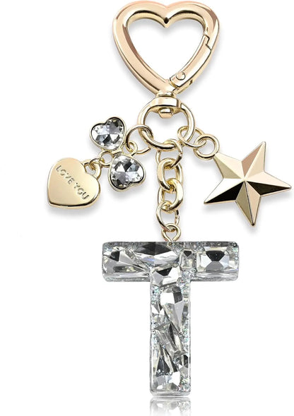 Cute Bling Keychain initial Letter Butterfly Star Pink Purple Gift for Women Girls Bag Cup Charms Accessories