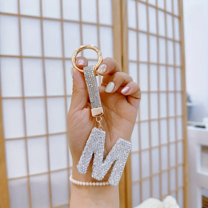 1pc Sparkling Rhinestone Alphabet Keychain, Alloy Round Letter Charm with Ring Buckle, Decorative Crystal Pendant Accessory