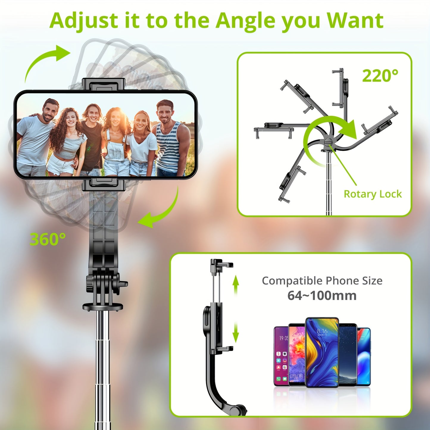 Portable 44 Inch Selfie Stick Phone Tripod With Wireless Remote Control Expandable Smartphone Tripod Stand 360 Degree Rotation Compatible With IPhone 13 12 11 Pro Xs Max Xr X 8 7 6 Plus, Android Samsung Smartphones